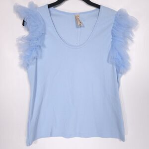 Anthropologie Dolan NWOT Size M Tulle Ruffle Sleeve Tank Top Blue Ribbed Knit